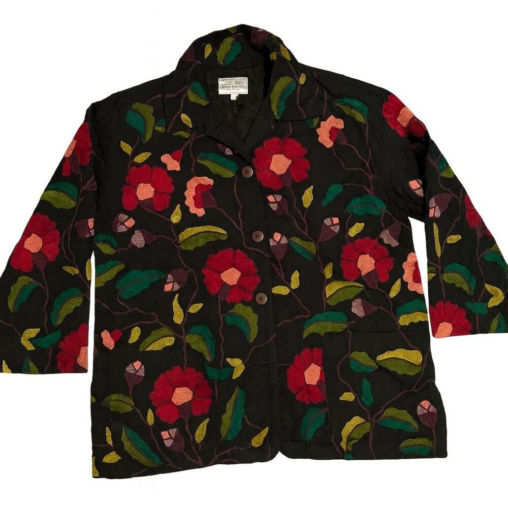 Boho Vtg 90s bold embroidery Susan bristol Medium Flowers botanical artsy edgy